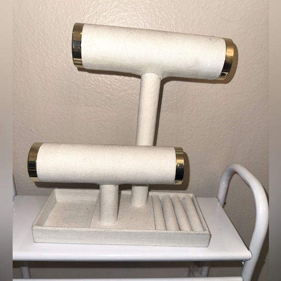 Cream Linen and Gold a2-tier jewelry display stand With Ring Holders - Picture 2 of 12